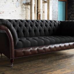 British Handmade 3 Seater Charcoal Herringbone Wool & Dark Brown Leather Chesterfield Sofa. - Other Colours + - thumbnail 3