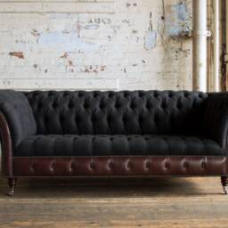 British Handmade 3 Seater Charcoal Herringbone Wool & Dark Brown Leather Chesterfield Sofa. - Other Colours + - thumbnail 2