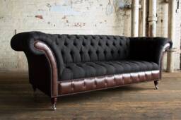 British Handmade 3 Seater Charcoal Herringbone Wool & Dark Brown Leather Chesterfield Sofa. - Other Colours +