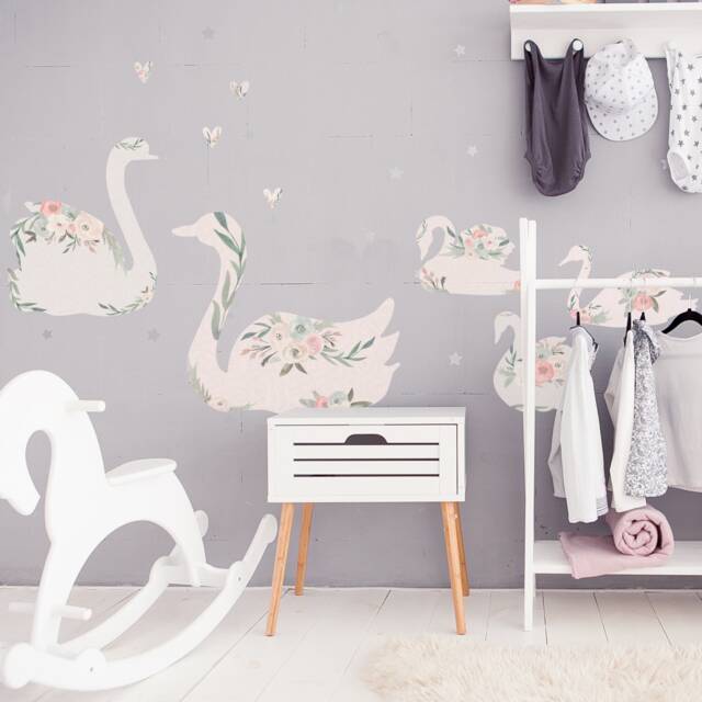 Fabric Floral Swan Wall Stickers - Decal Repositionable Nursery Decor Peel & Stick - image 1