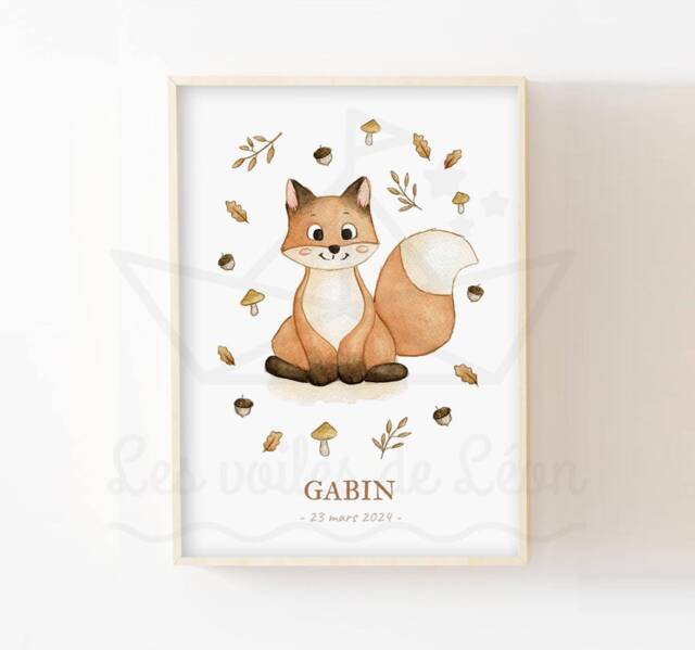 Fox Baby Name Poster, Watercolor Illustration, Nursery Wall Decoration, Forest Animal Poster - image 1