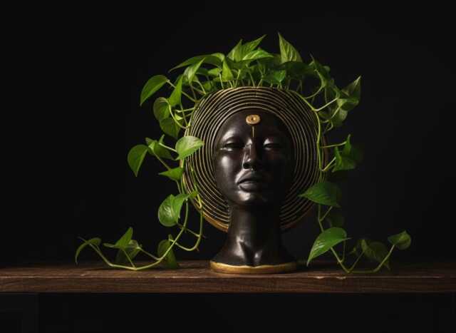 Art Deco Face Plant Pot - Gold Head Planter Cast Stone Bust Handmade UK - image 1