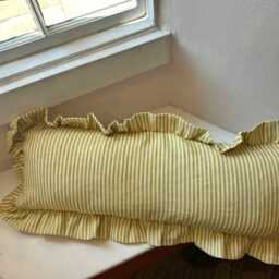 Extra Long Striped Linen Ruffled Lumbar Cushion in Chartreuse - thumbnail 4