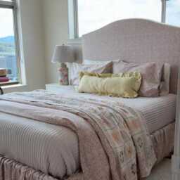 Extra Long Striped Linen Ruffled Lumbar Cushion in Chartreuse - thumbnail 2
