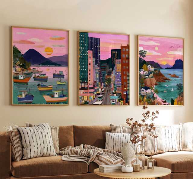 Hong Kong China Poster Set Of 3, Vintage Inspired City Skyline Wall Art, Neutral Asian Travel Prints - image 1