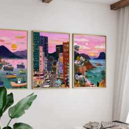 Hong Kong China Poster Set Of 3, Vintage Inspired City Skyline Wall Art, Neutral Asian Travel Prints - thumbnail 4