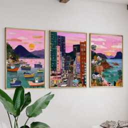 Hong Kong China Poster Set Of 3, Vintage Inspired City Skyline Wall Art, Neutral Asian Travel Prints - thumbnail 3