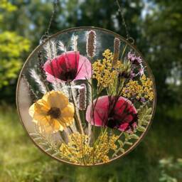 Pressed Flower Art Real Poppy & Rose in Stained Glass Frame - thumbnail 1