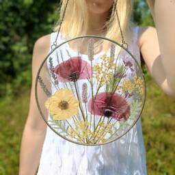 Pressed Flower Art Real Poppy & Rose in Stained Glass Frame - thumbnail 2