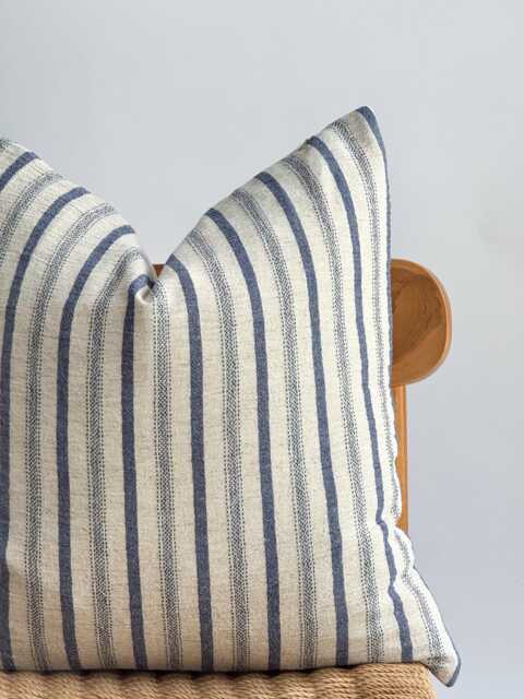 Neutral Hemp Striped Blue Hand Woven Pillow Cover, Nautical Pillow, Beach Home Decor - image 1