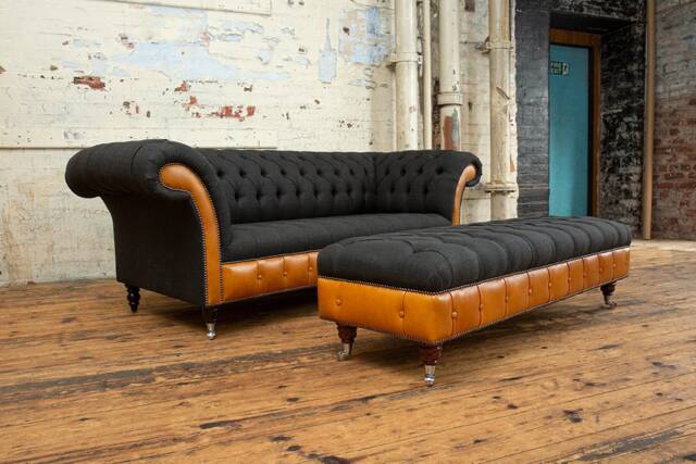 3str Charcoal Grey Herringbone Wool, Tan Leather Chesterfield Sofa & Footstool, British Handmade - image 1