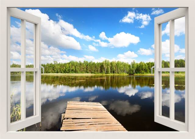 Lake Landscape Wall Decal, Forest & Bridge 3D Window Frame, View Home Mural