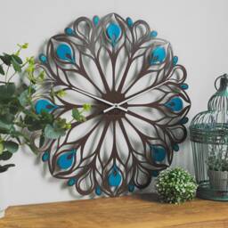 Peacock Feather Metal Wall Clock - Modern Design Art Big Decorative Stylish Silent - thumbnail 2