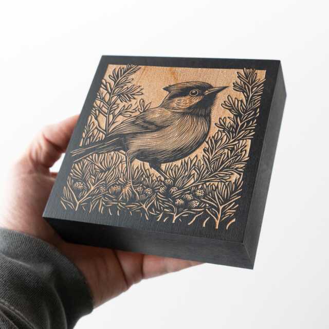 Chickadee Engraved Birch Wood Panel - Woodland Animal Block Print Style Wall Art, Maine Bird Illustration, Forest Cabin Nature Decor Gift - image 1