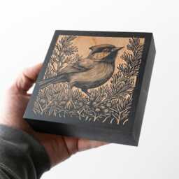 Chickadee Engraved Birch Wood Panel - Woodland Animal Block Print Style Wall Art, Maine Bird Illustration, Forest Cabin Nature Decor Gift - thumbnail 1