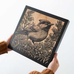 Chickadee Engraved Birch Wood Panel - Woodland Animal Block Print Style Wall Art, Maine Bird Illustration, Forest Cabin Nature Decor Gift - thumbnail 2
