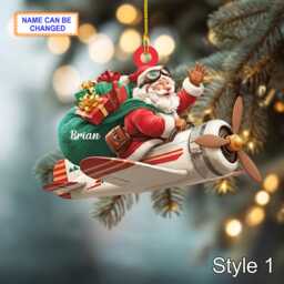 Custom Name Santa Drives Airplane Personalized Ornament, Christmas Tree Hanging Decor, 2D Flat Acrylic Ornament Holiday Gift Joy