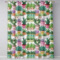 Cute Kawaii Succulent Plant Pots Minimal Grey Seamless Pattern Readymade Eyelet Ring Top Thermal 100% Blackout Curtains - thumbnail 2