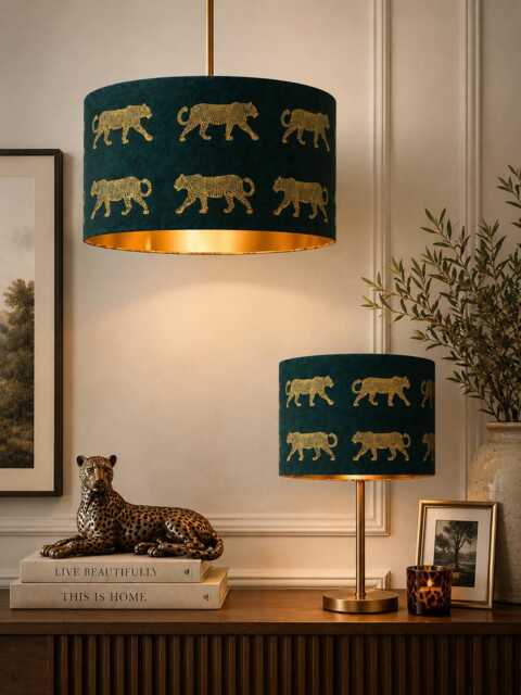 Handmade Hq Luxury Teal Green Fabric With Walking Golden Foiled Leopard Pattern Drum Shape Lamp Shade Pendant Light Suitable For All - image 1