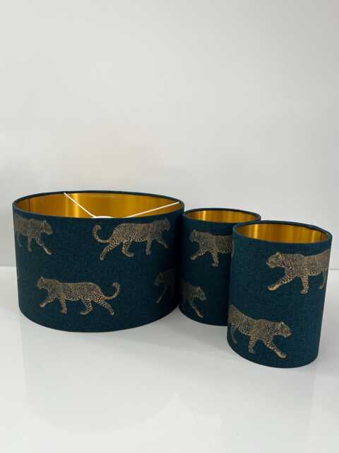Handmade Hq Luxury Walking Golden Leopard Pattern Lamp Shade Pendant Light On Teal Green Fabric Drum All Sizes Available - image 1