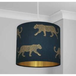 Handmade Hq Luxury Walking Golden Leopard Pattern Lamp Shade Pendant Light On Teal Green Fabric Drum All Sizes Available - thumbnail 2