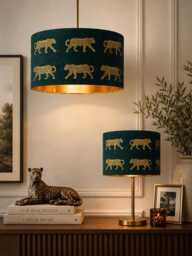 Handmade Hq Luxury Teal Green Fabric With Walking Golden Foiled Leopard Pattern Drum Shape Lamp Shade Pendant Light Suitable For All - thumbnail 1