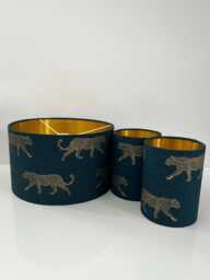 Handmade Hq Luxury Walking Golden Leopard Pattern Lamp Shade Pendant Light On Teal Green Fabric Drum All Sizes Available - thumbnail 1