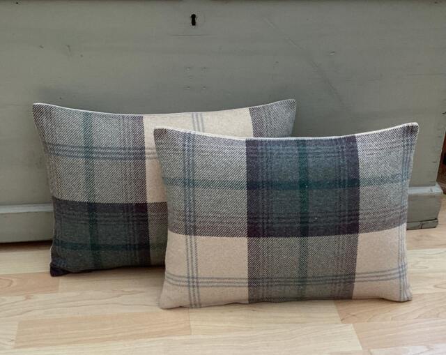 Handmade Tartan Bolster Pillow Set Balmoral Green Grey Feather Filled - image 1