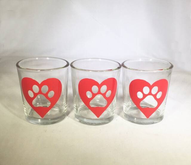 Valentine Votive Candle Holders Heart Paw Print Glass Set - image 1