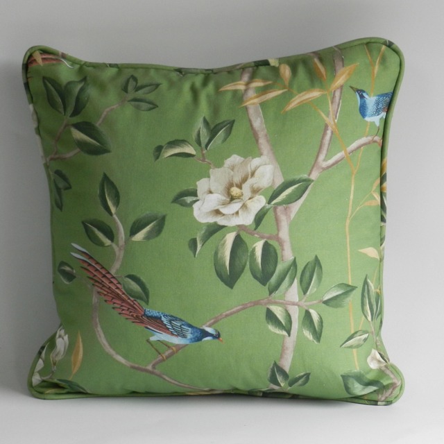 Chinoiserie Bird & Blossom Cushion Cover Sage Green Cotton Pillow, Eclectic Style - image 1