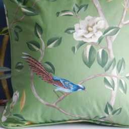 Chinoiserie Bird & Blossom Cushion Cover Sage Green Cotton Pillow, Eclectic Style - thumbnail 3