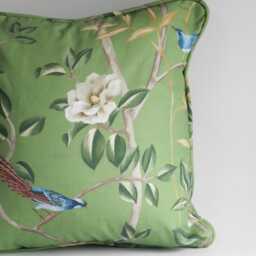 Chinoiserie Bird & Blossom Cushion Cover Sage Green Cotton Pillow, Eclectic Style - thumbnail 2