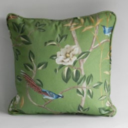 Chinoiserie Bird & Blossom Cushion Cover Sage Green Cotton Pillow, Eclectic Style - thumbnail 1