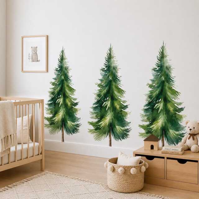 Watercolor Pine Tree Wall Decals, Removable Peel & Stick Woodland Nursery Decor, Renter Friendly Kids Room Art - image 1