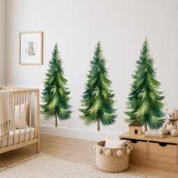 Watercolor Pine Tree Wall Decals, Removable Peel & Stick Woodland Nursery Decor, Renter Friendly Kids Room Art - thumbnail 1