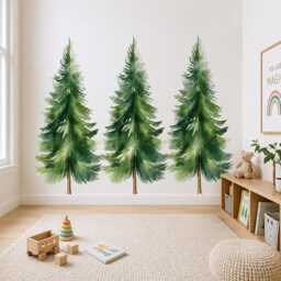 Watercolor Pine Tree Wall Decals, Removable Peel & Stick Woodland Nursery Decor, Renter Friendly Kids Room Art - thumbnail 3