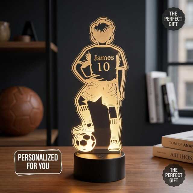 Personalised Footballer Night Light, 3D Led Illusion Lamp, Custom Name Boys Bedroom Light - image 1