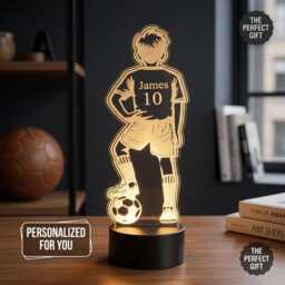Personalised Footballer Night Light, 3D Led Illusion Lamp, Custom Name Boys Bedroom Light
