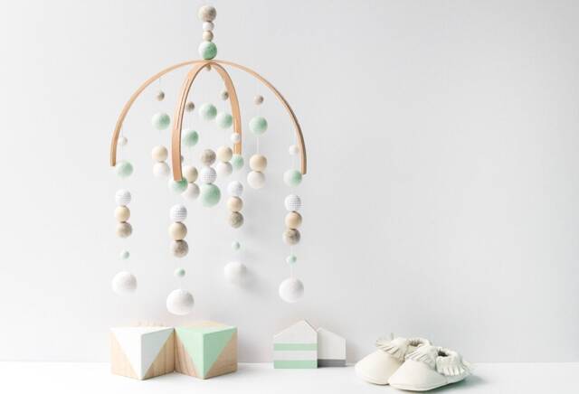 Mint & Grey Baby Mobile - Gender Neutral Felt Pom Crib Minimalist Wool Ball Nursery Cot Seafoam Green Ceiling - image 1