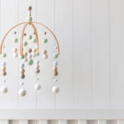 Mint & Grey Baby Mobile - Gender Neutral Felt Pom Crib Minimalist Wool Ball Nursery Cot Seafoam Green Ceiling - thumbnail 2