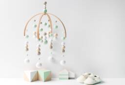 Mint & Grey Baby Mobile - Gender Neutral Felt Pom Crib Minimalist Wool Ball Nursery Cot Seafoam Green Ceiling