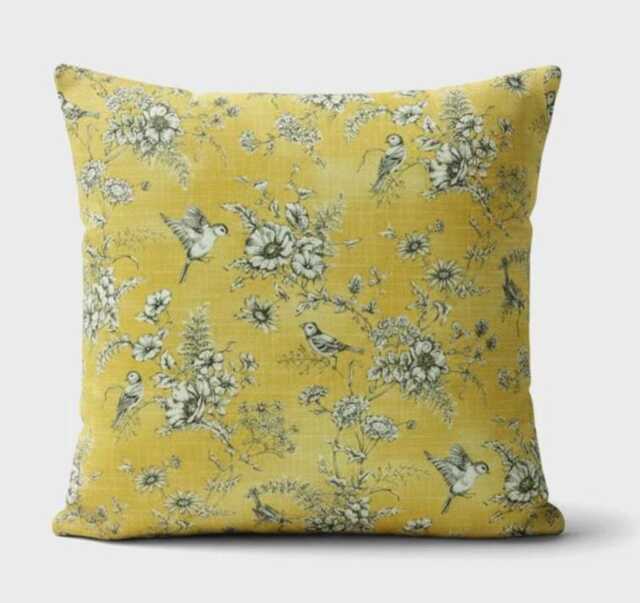 Iliv Finch Toile Yellow Buttercup Cushion Cover , Bird Floral Throw Pillow Handmade UK - image 1