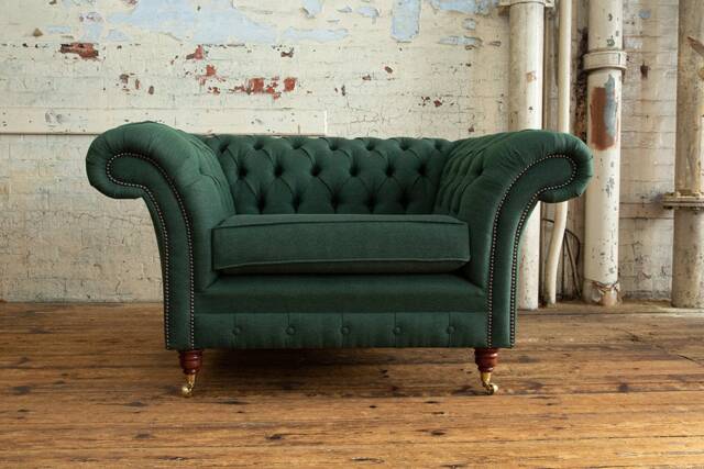 British Handmade 1.5str Emerald Green Herringbone Wool Chesterfield Snuggle Chair - Other Colours + - image 1
