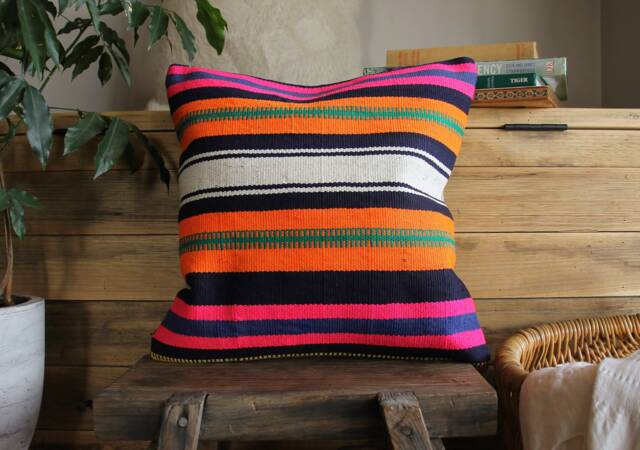 40cm - 16Inch Vintage Kilim Cushion Cover Handwoven - Fluro Vibrant Blue Pink Orange White - image 1