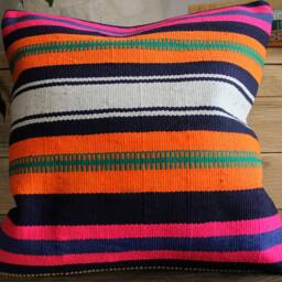 40cm - 16Inch Vintage Kilim Cushion Cover Handwoven - Fluro Vibrant Blue Pink Orange White - thumbnail 2