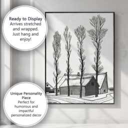 Black White Rural Farmhouse Tall Poplar Trees Vintage Linocut Canvas Wall Art Print Decor Picture Ready To Hang - thumbnail 3