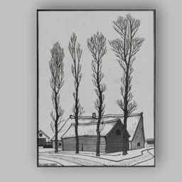 Black White Rural Farmhouse Tall Poplar Trees Vintage Linocut Canvas Wall Art Print Decor Picture Ready To Hang - thumbnail 1