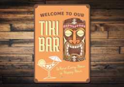 Welcome To Our Tiki Bar Metal Sign - Retro Decor Luau Party Wall Art Polynesian Tropical Patio Gift - thumbnail 1