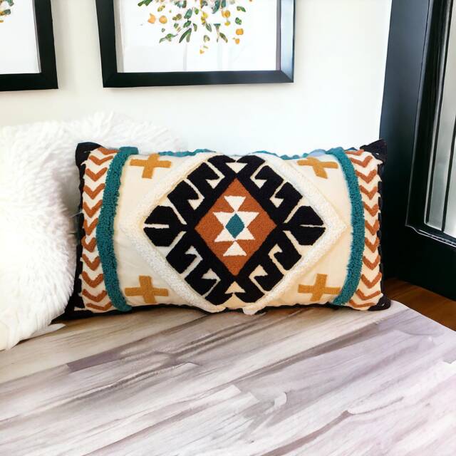 Boho Kilim Punch Needle Pillow Cover Hand Tufted Lumbar Cushion - 35x65 cm - image 1