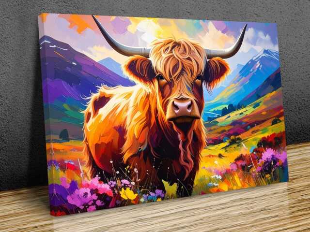 Abstract Highland Coo Painting - Gallery Wrapped Canvas Maximalist Cow Art Print Ready To Hang - image 1